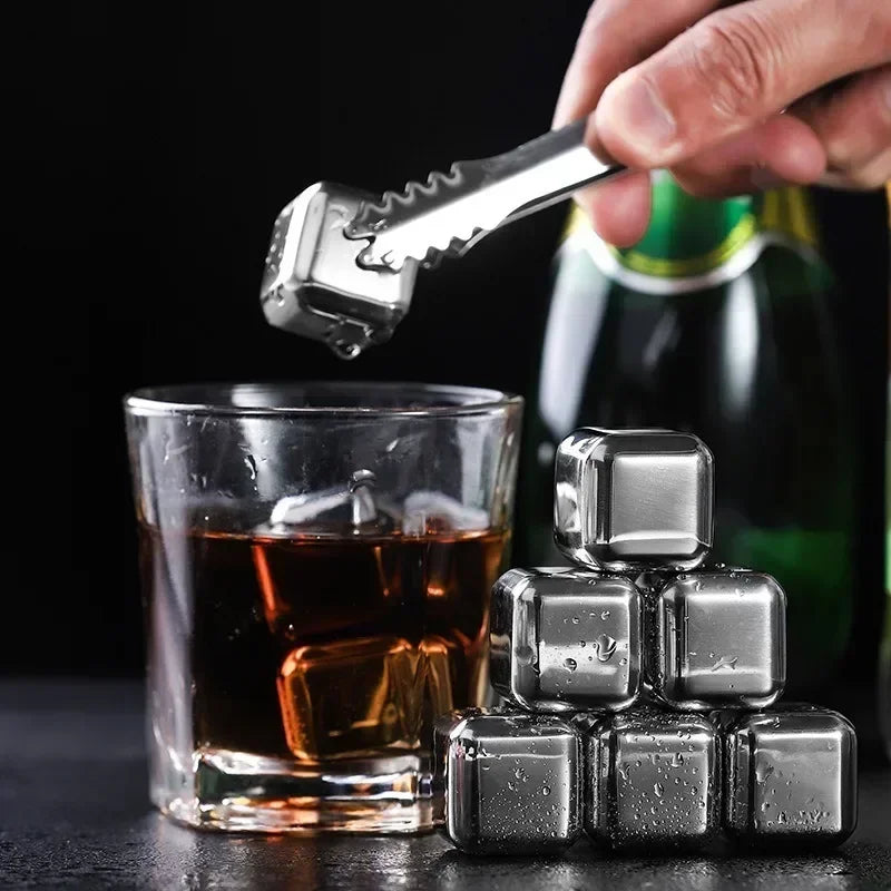 Stainless Steel Whiskey Stone Ice Cubes 4/6/8Pcs Reusable Ice Cube Set Vodka Beer Ice Stone Whiskey Cooler Bar Accessories