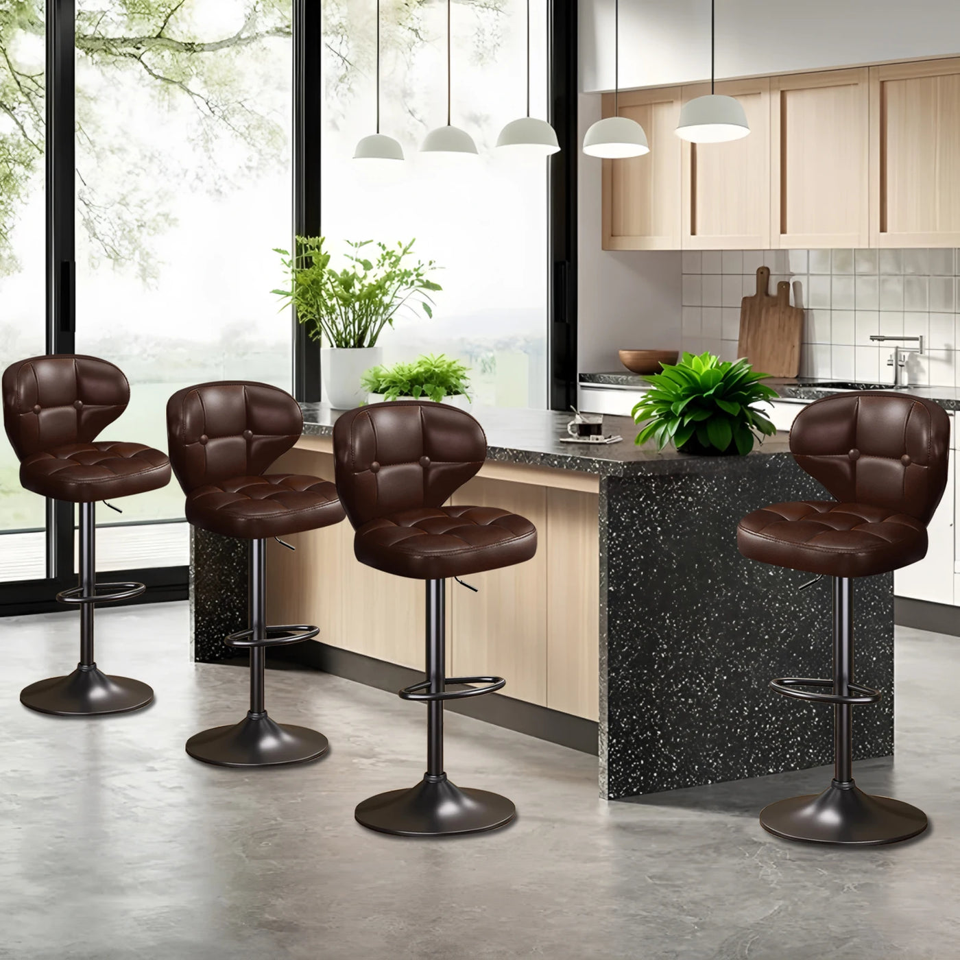Bar Stools Set of 4, Adjustable Swivel Counter Height Chairs with Backrest and Footrest, Faux Leather Bar Chairs for Kitchen
