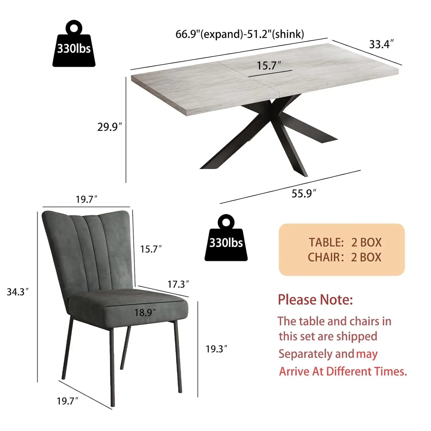 6-Piece Extendable Dining Table Set, Modern 51''–67'' Grey Wood Table with 6 Black Fabric Chairs, Dining Room Table, Customized