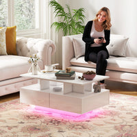 Coffee Table with RGB LED Lights, Modern Living Room Table with 4 Drawers, Open Shelf, Remote Control, High Gloss White