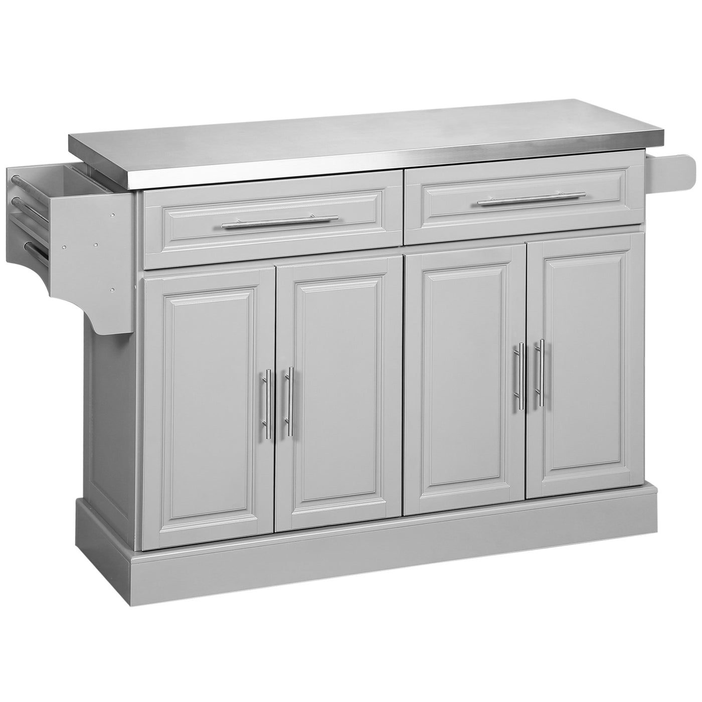Stainless Steel Kitchen Island with Storage and Stainless Steel Top, Kitchen Trolley with Drawers, Cabinets, Towel Rack, Grey