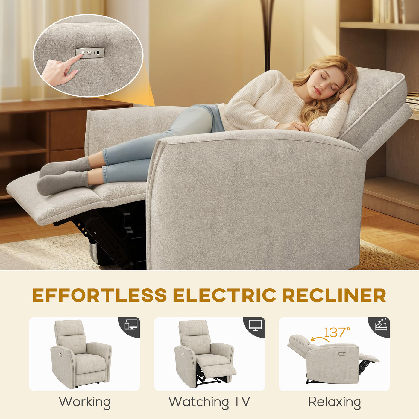 Power Recliner Chair, Dyed Fabric (Like Leathaire) Upholstered Recliner Chair with USB Ports, Footrest, Beige