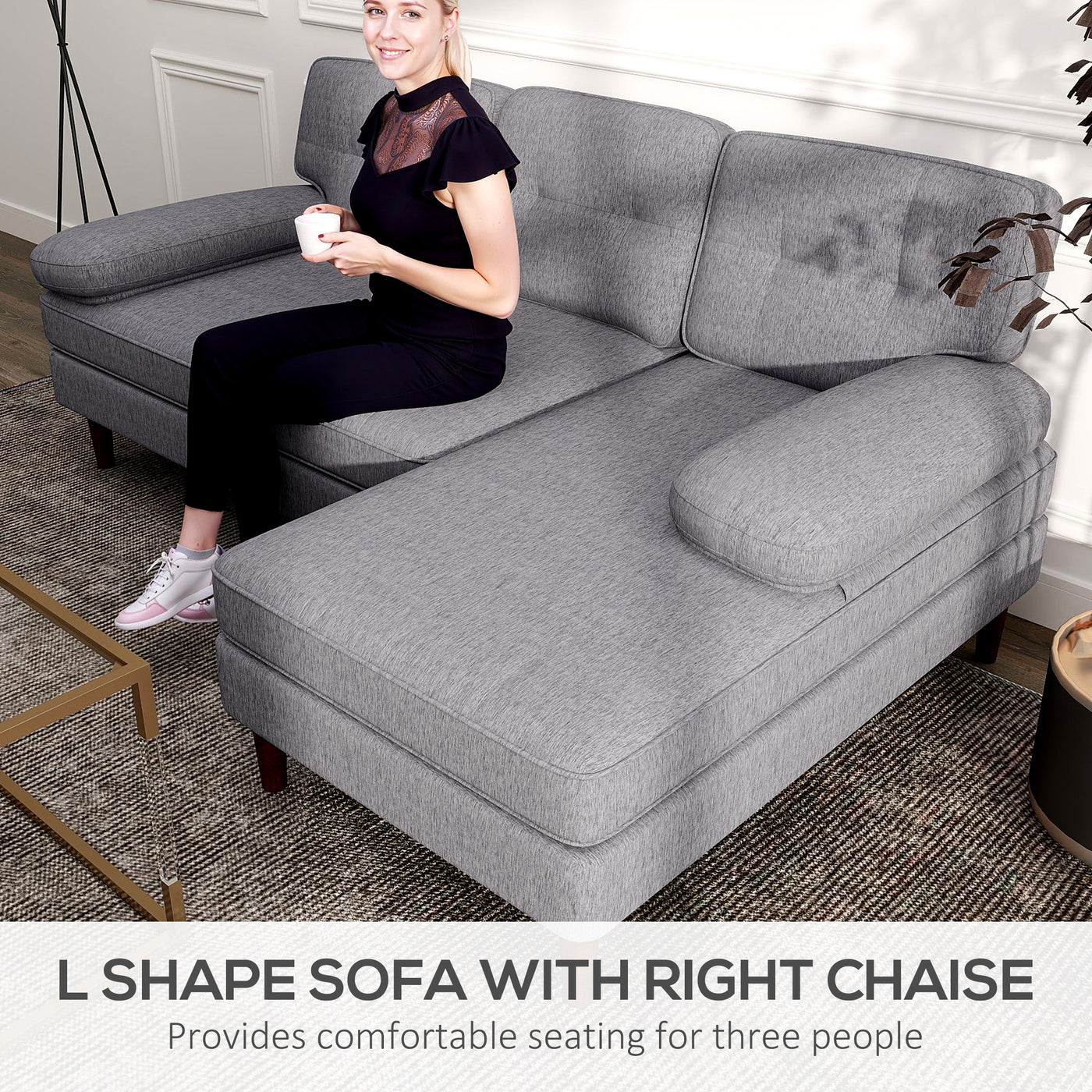Modern Corner Couch with Right Chaise Lounge, Tufted 3-Seater Sofa with Wooden Legs for Living Room, Grey