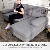 Modern Corner Couch with Right Chaise Lounge, Tufted 3-Seater Sofa with Wooden Legs for Living Room, Grey