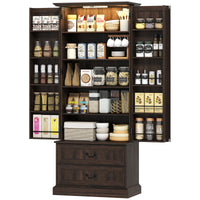 72" LED Kitchen Pantry Cabinet, Buffet Storage Cabinet with 10 Door Shelves, 2 Drawers and Adjustable Shelves, Brown