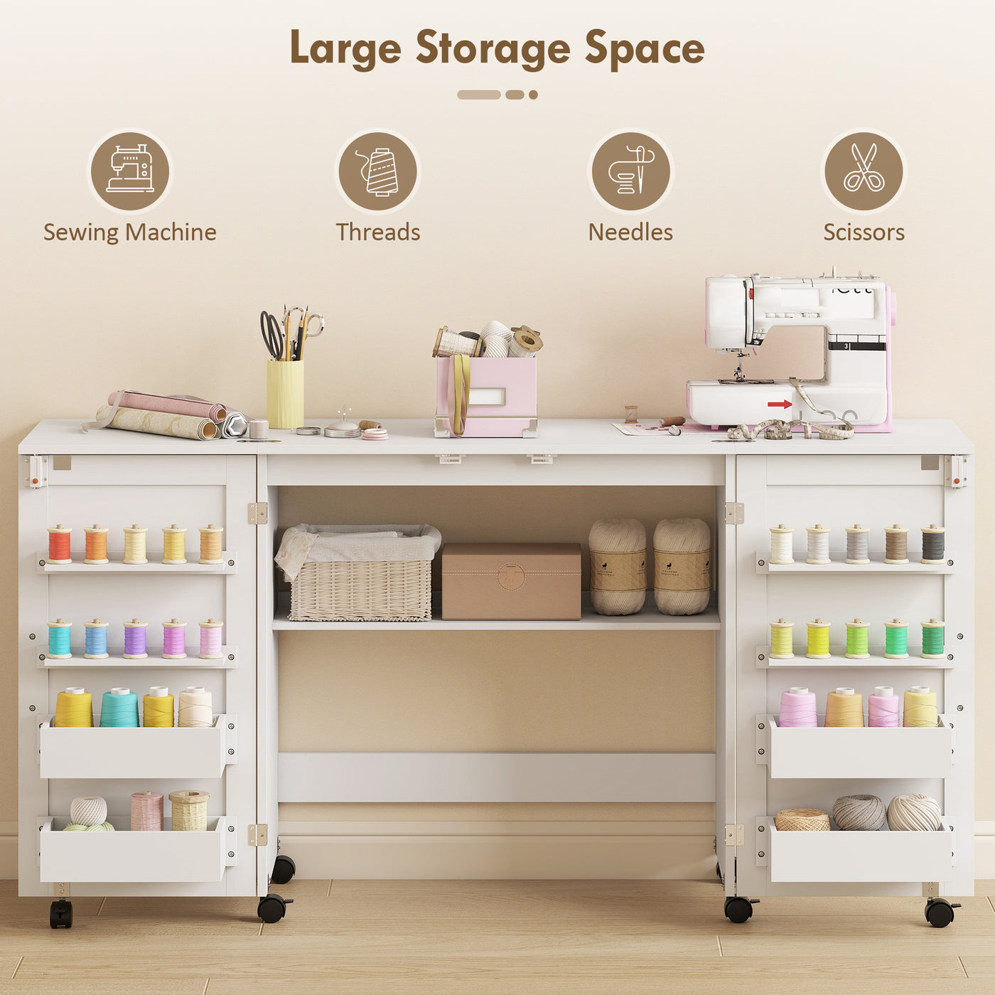 Folding Craft Table, Rolling Sewing Machine Table with Magnetic Doors, Bins, Pegs, Storage Shelf, Lockable Wheels, White