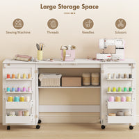 Folding Craft Table, Rolling Sewing Machine Table with Magnetic Doors, Bins, Pegs, Storage Shelf, Lockable Wheels, White