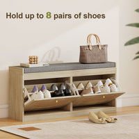 Shoe Bench with Flip Doors, Seat Cushion, Adjustable Shelves for 8 Pairs, Boho Entryway Bench for Bedroom, Natural Wood