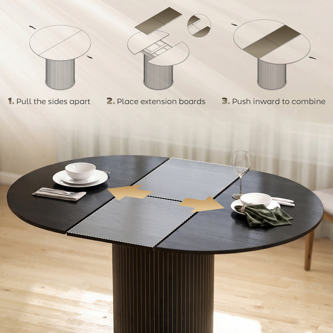 Extendable Kitchen Table for 6-8, 43.5"-59" Farmhouse Dining Table with Pedestal Base Black Wood Grain