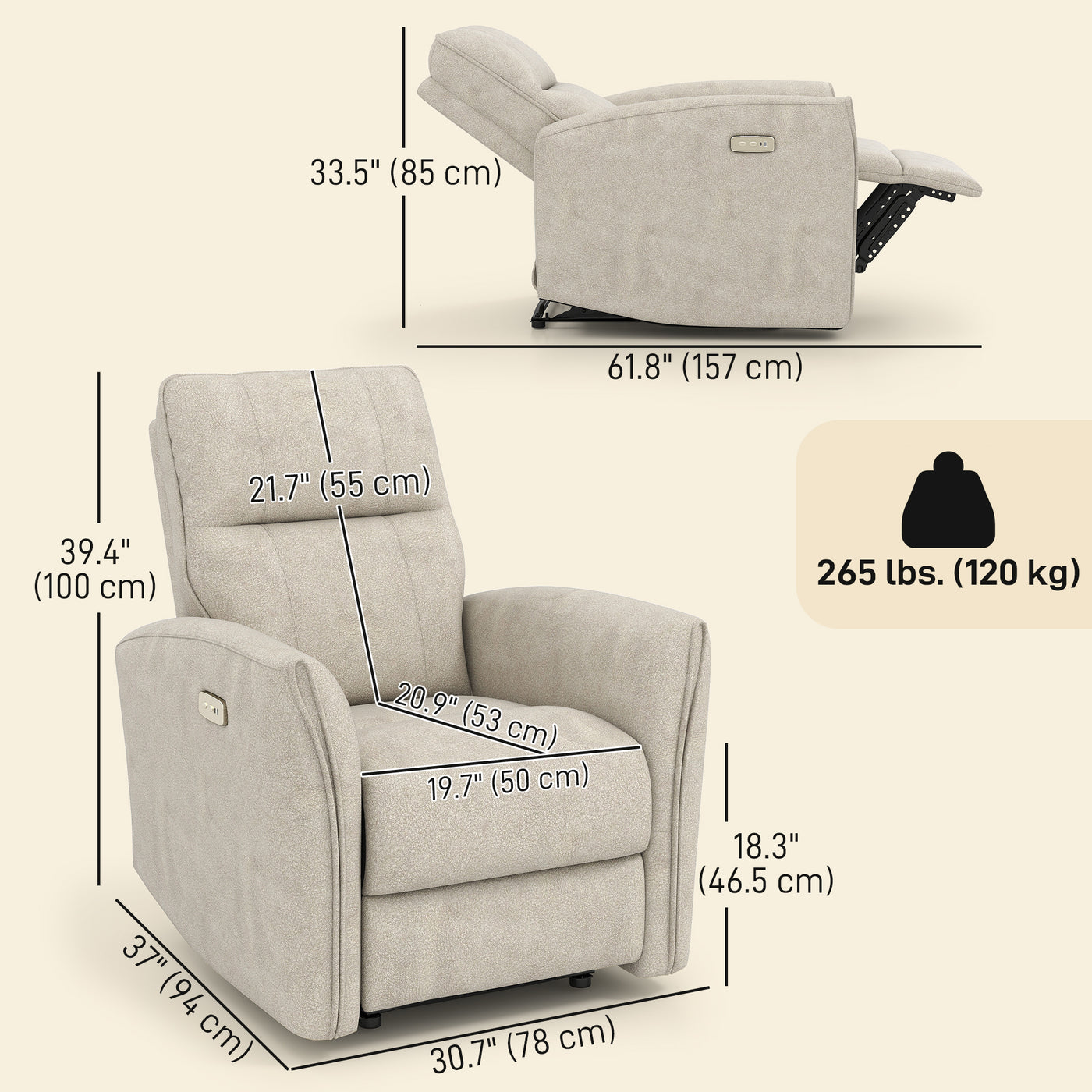 Power Recliner Chair, Dyed Fabric (Like Leathaire) Upholstered Recliner Chair with USB Ports, Footrest, Beige