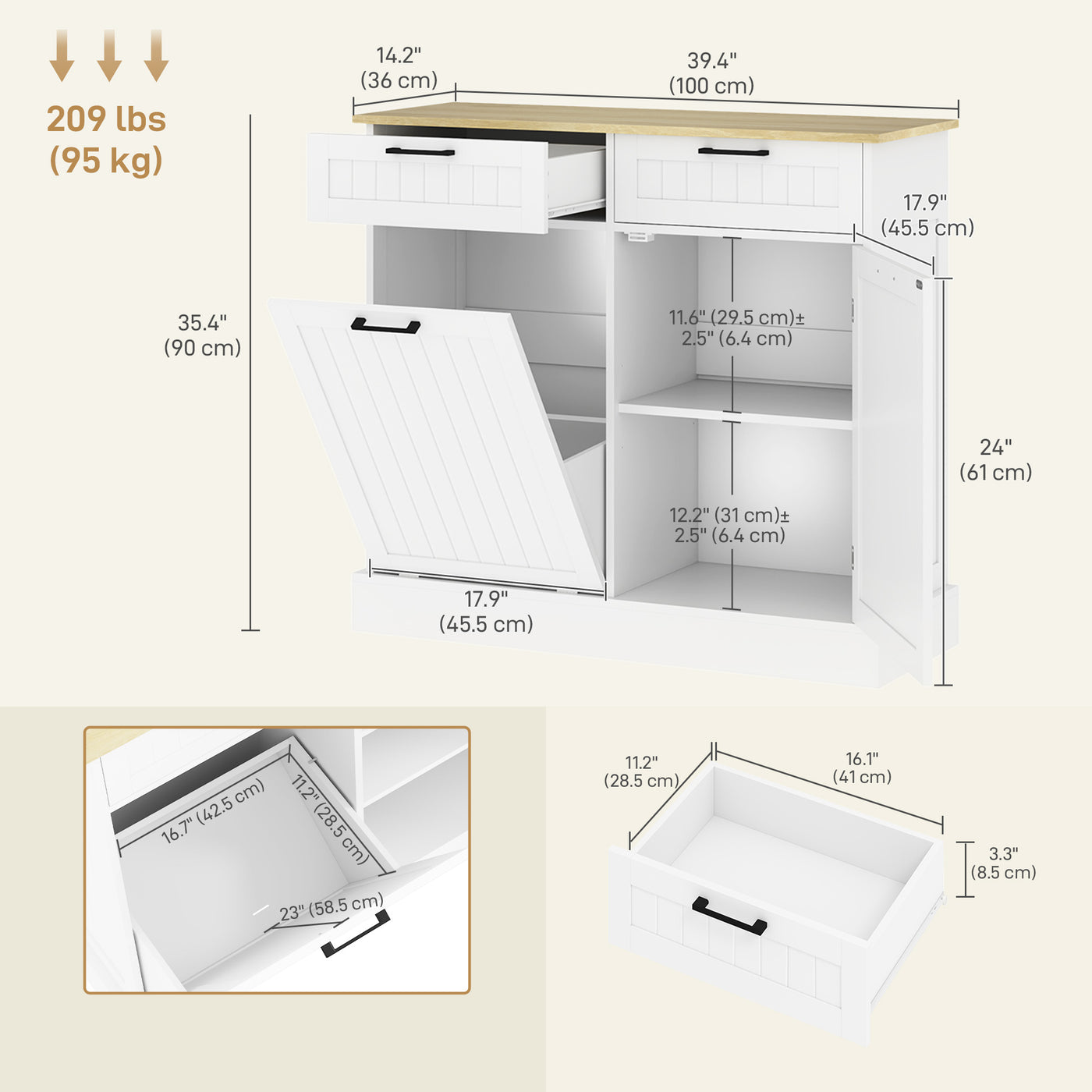 Hidden Garbage Bin Cabinet, Tilt Out Trash Cabinet w/ 2 Drawers, Freestanding Kitchen Island for Laundry, White