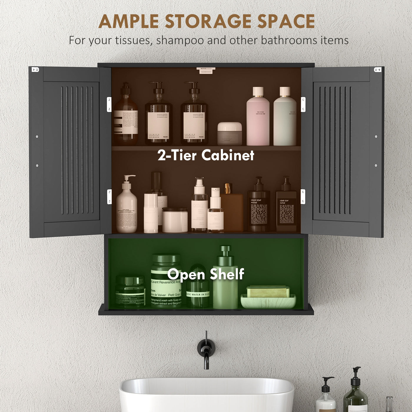 Modern Wall Mount Bathroom Cabinet, Storage Organizer with 2 Door Cabinet and Shelf, Black