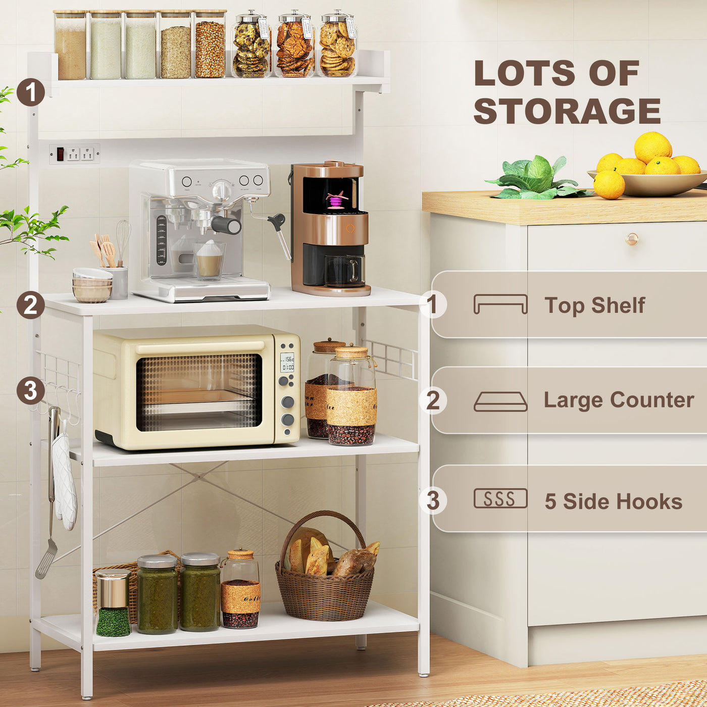 Kitchen Baker's Rack with Power Outlet, Coffee Bar Station with Adjustable Shelves and Hooks, Distressed White