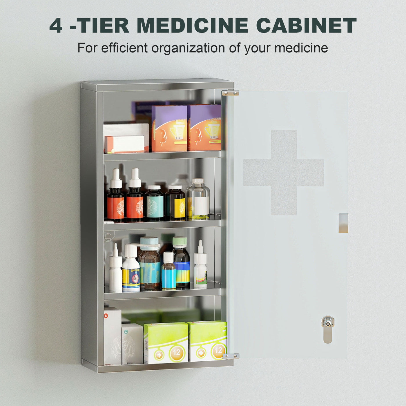 Wall Mount Medicine Cabinet, Bathroom Cabinet with 3 Tier Shelves, Stainless Steel Frame and Glass Door, Lockable with 2 Keys, Silver, 12" x 23.5"