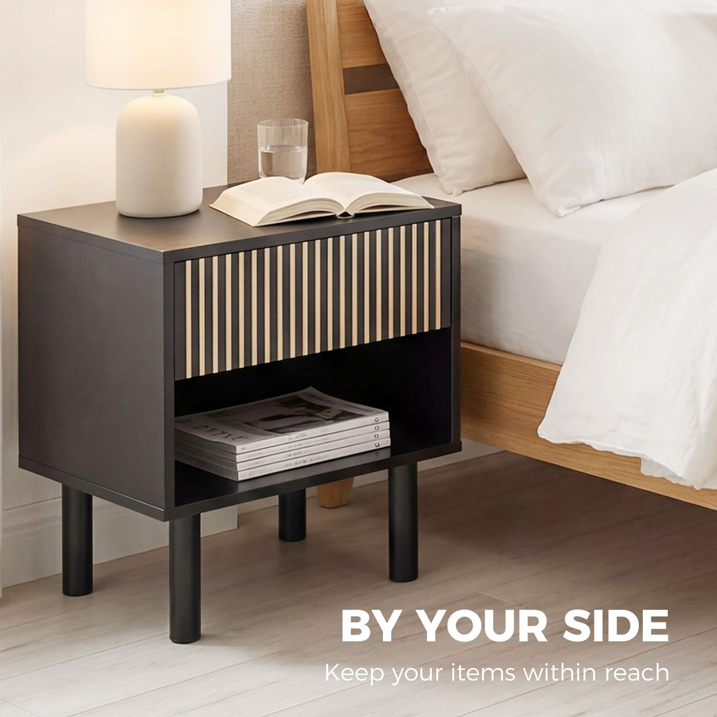 Modern Bedside Table with Drawer and Open Shelf, Sofa Side Table for Bedroom Living Room, Set of 2, Black