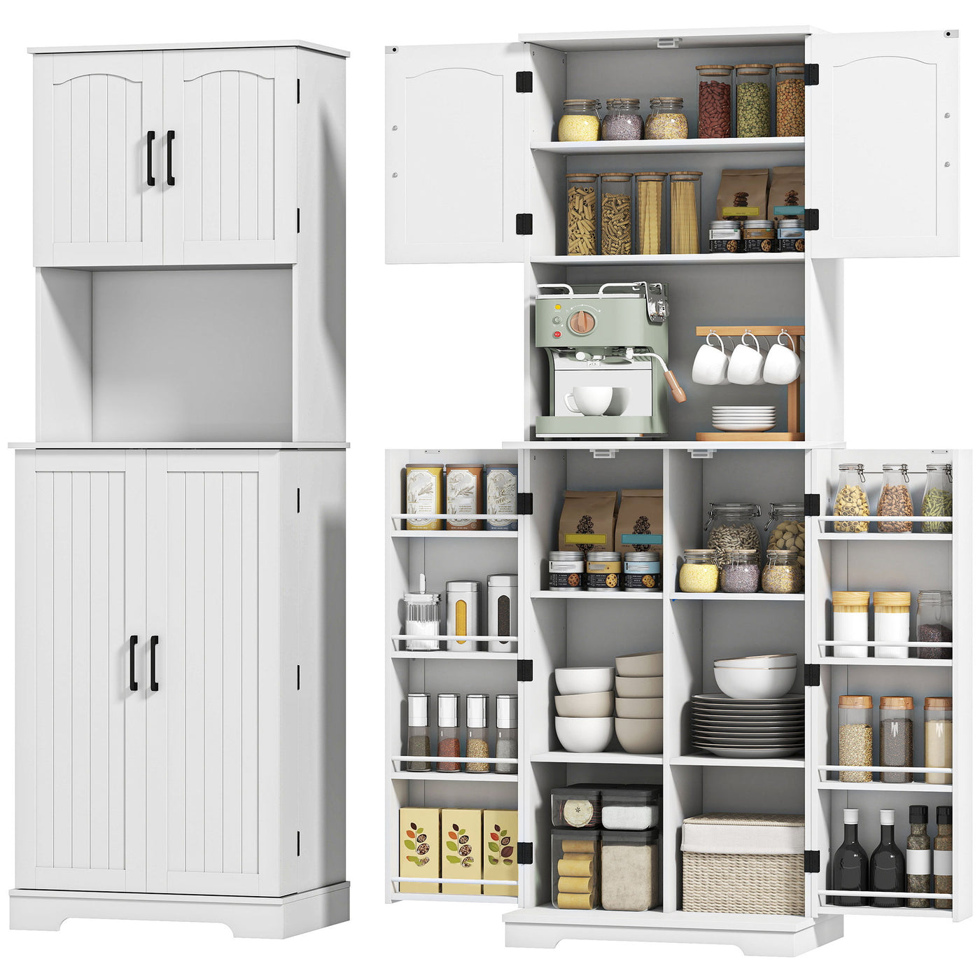 71.5" Tall Pantry Cabinet, Farmhouse Kitchen Storage Cabinet with Adjustable Shelves, 8 Door Spice Racks, White