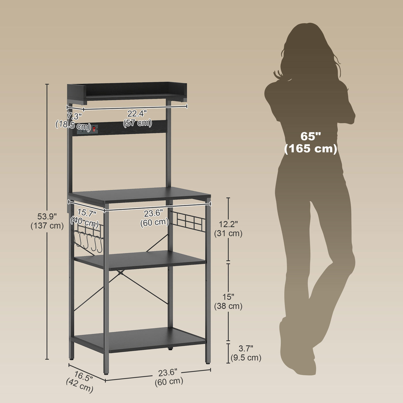 Kitchen Baker's Rack with Power Outlet, Coffee Bar Station with Adjustable Shelves and Hooks, Distressed Black