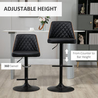 Modern Bar Stools PU Leather Set of 2 Swivel Bar Height Barstools Chairs with Adjustable Height, Round Heavy Metal Base and Footrest, Black