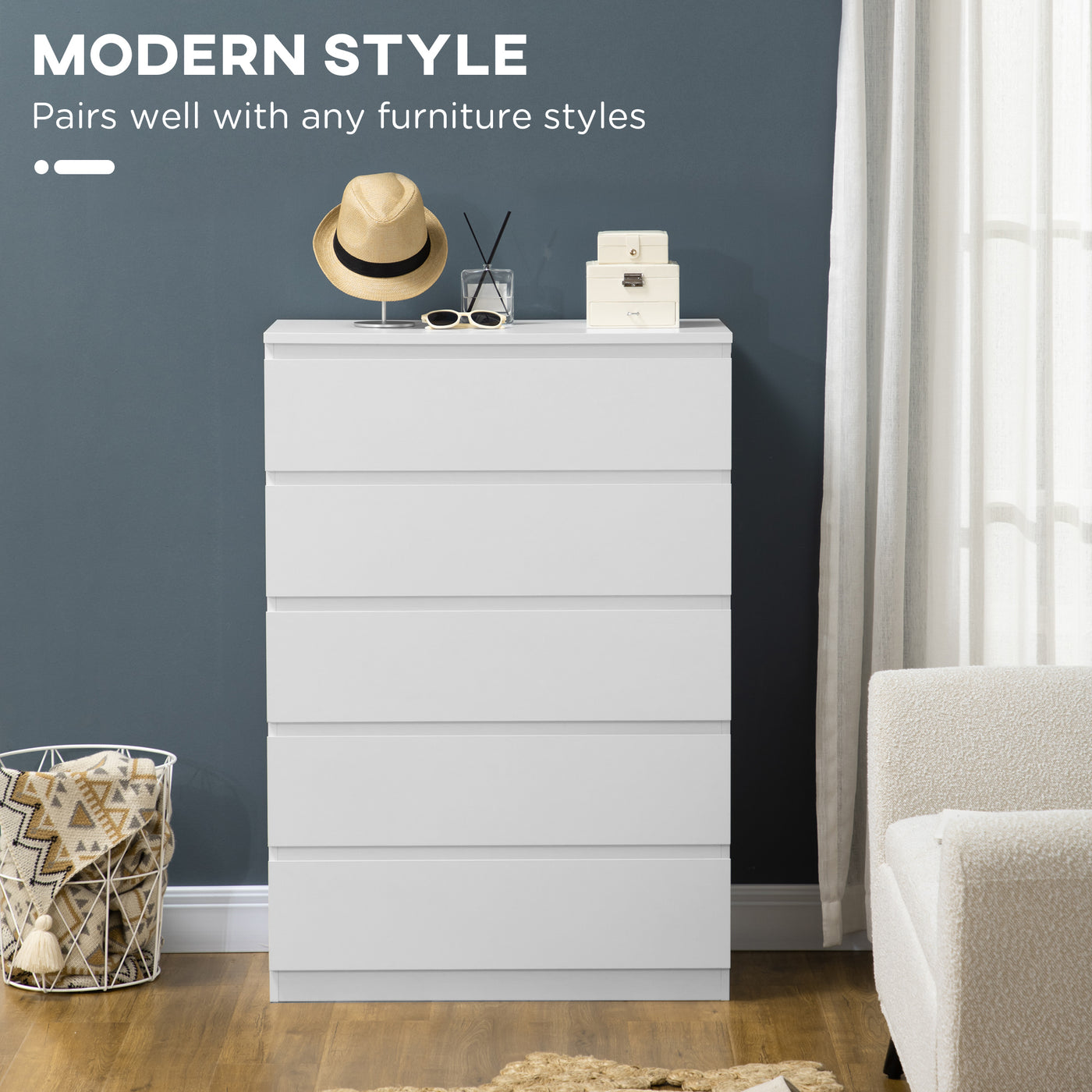Dresser for Bedroom with 5 Drawers, Modern Chest of Drawers for Living Room, Closet, Hallway, White