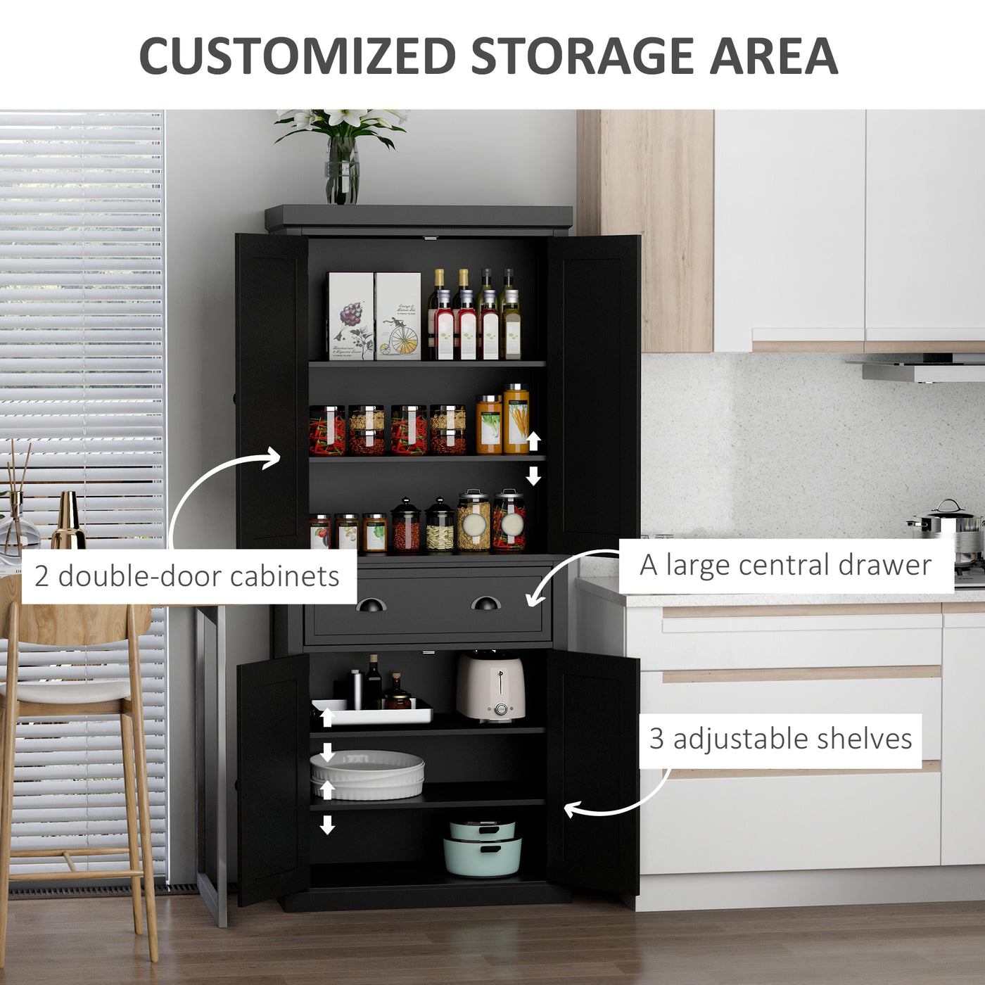 Long Standing Kitchen Cabinet w/ 2 Drawers MDF Board Black