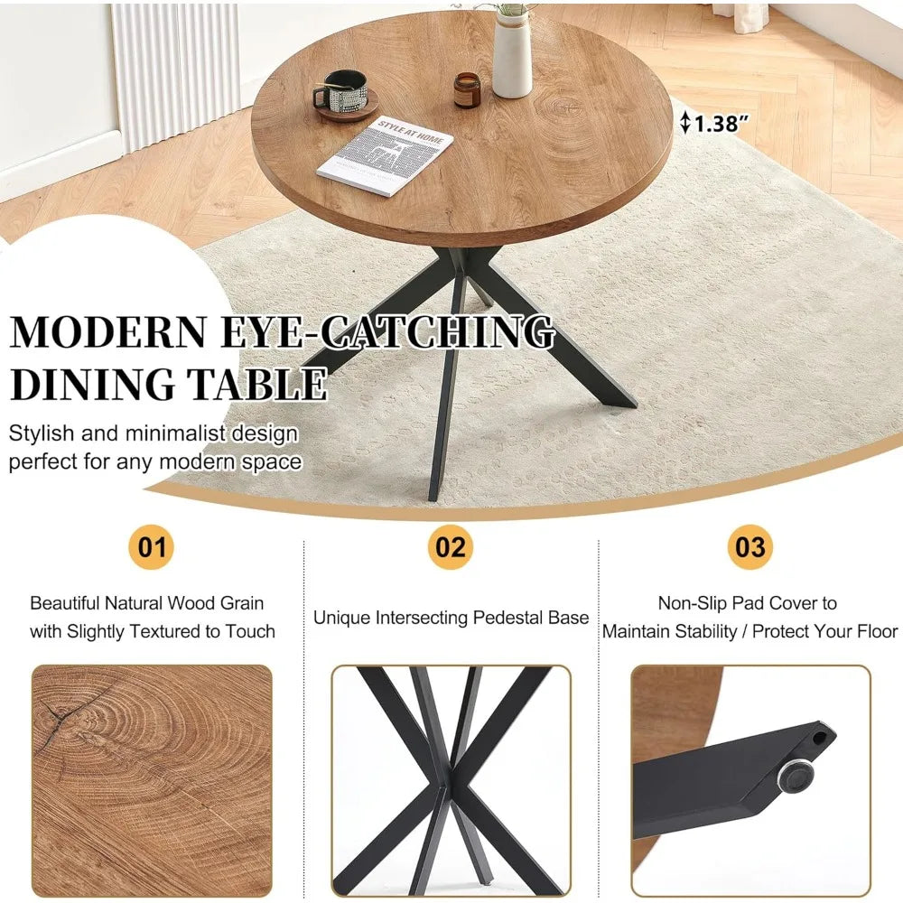 Round Dining Table with Rattan Chairs, Modern Dining Table and Chair Set with Table and 4 Upholstered Dining Chairs