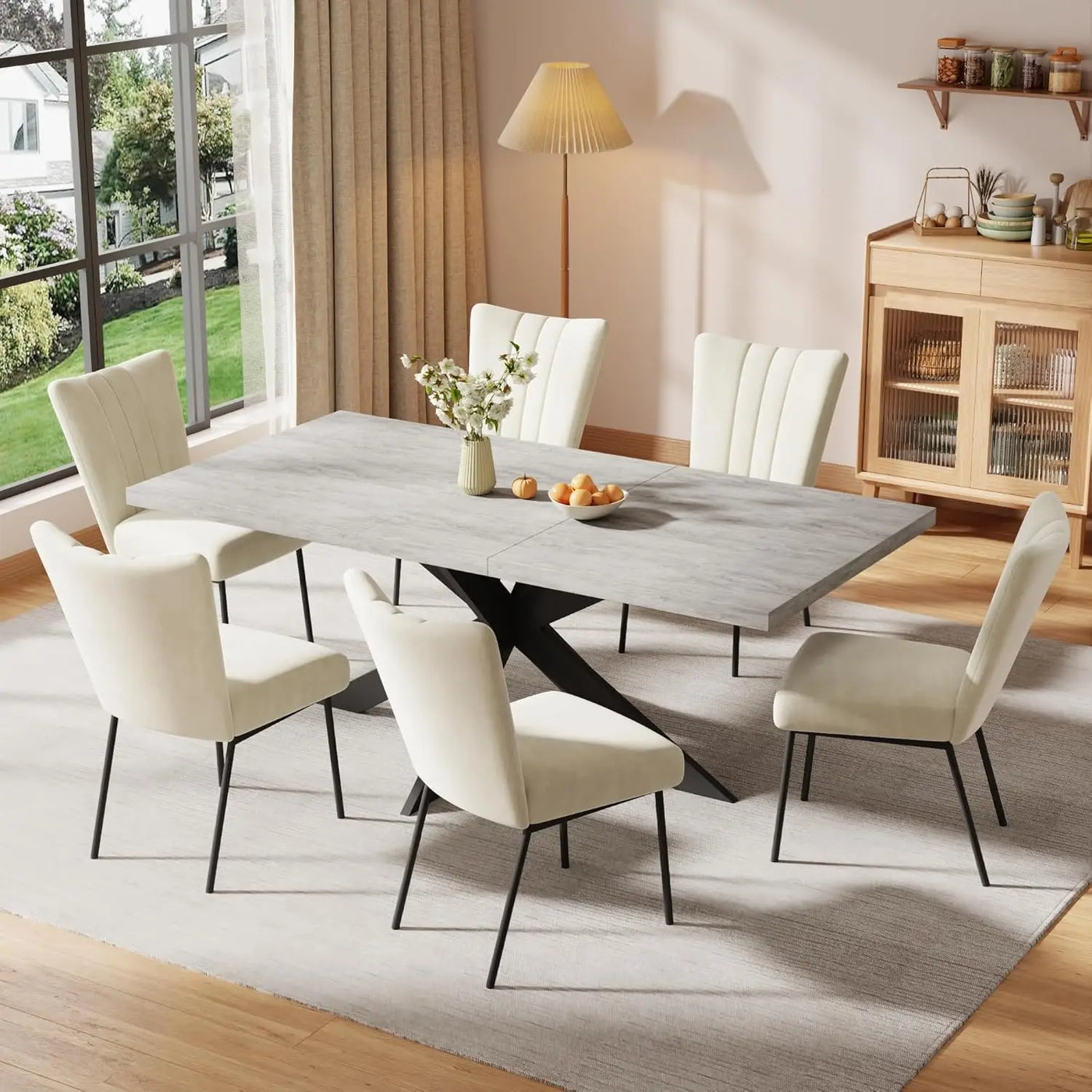 6-Piece Extendable Dining Table Set, Modern 51''–67'' Grey Wood Table with 6 Black Fabric Chairs, Dining Room Table, Customized