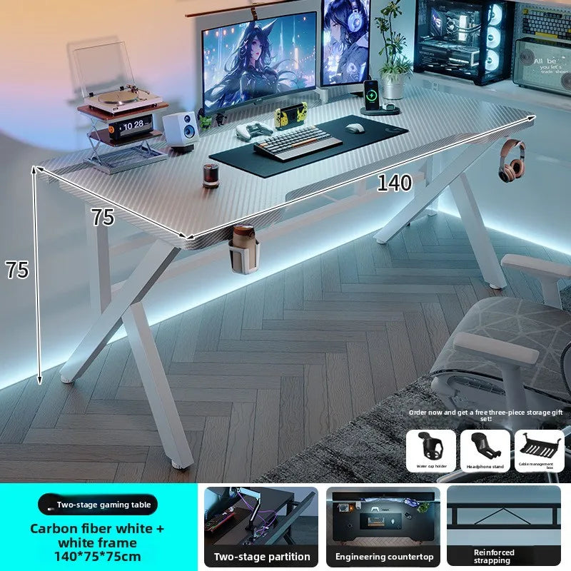 Gaming Desk Two-Stage Split Plate Desktop Home Mountable Monitor Stand Carbon Fiber Textured Solid Wood Computer Desk
