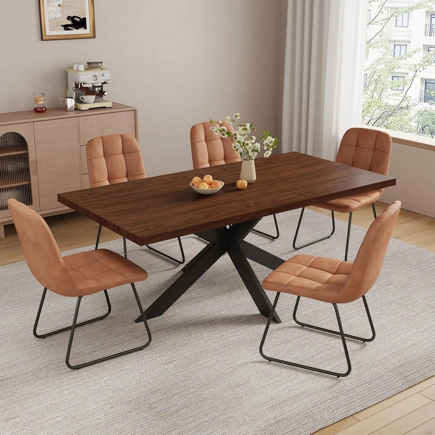 6-Piece Extendable Dining Table Set, Modern 51''–67'' Grey Wood Table with 6 Black Fabric Chairs, Dining Room Table, Customized