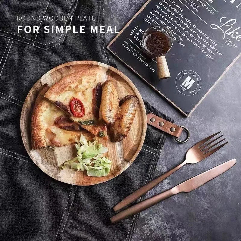 JUSTINLAU 15/20/25cm Wooden Round Serving Platter Tray Retro Pizza Salad Plate Fruit Dessert Tray Bread Container Snacks Dish