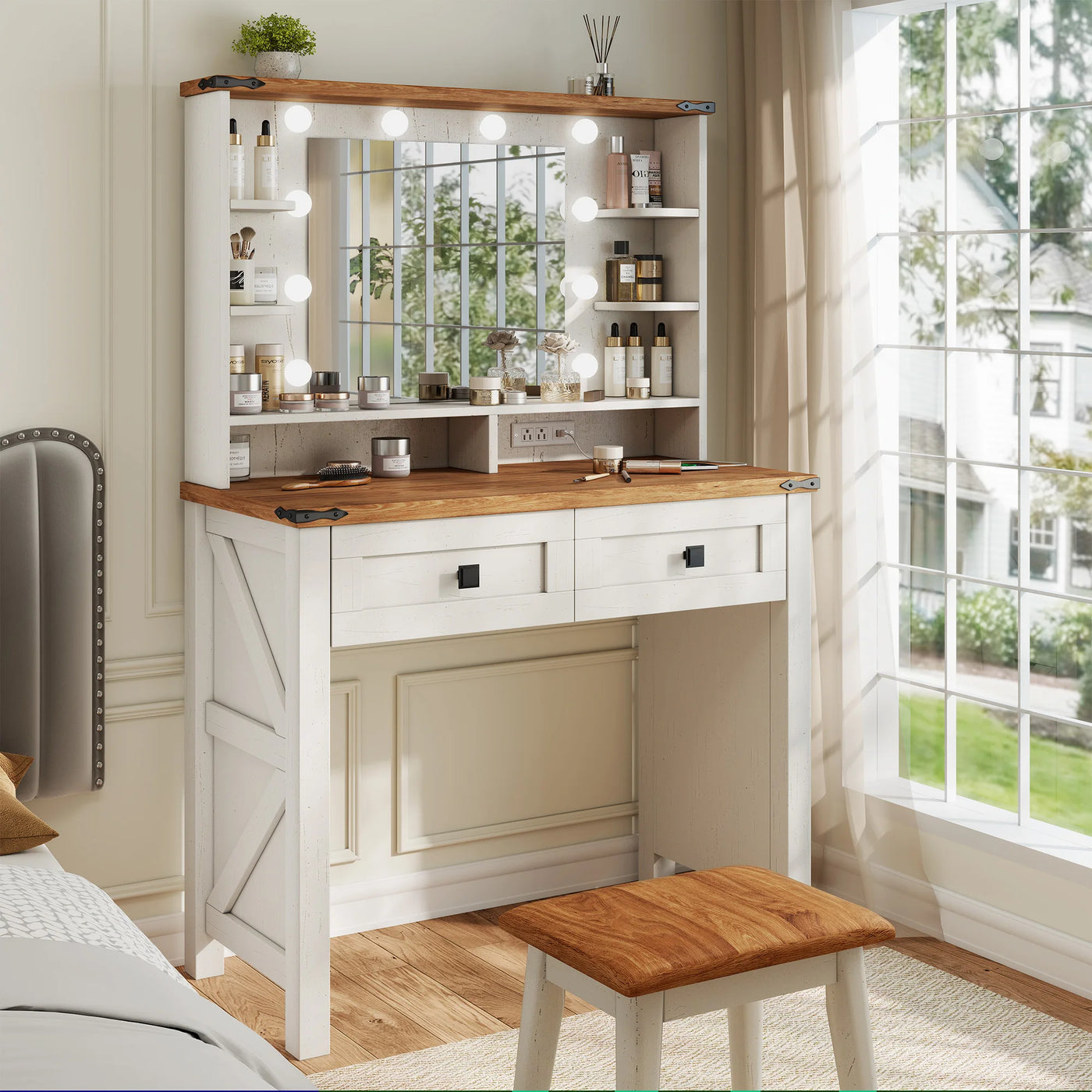 Small Vanity Desk with Mirror and Lights Wooden Makeup Vanity with Storage Drawers & Charging Station Women Bedroom Small Space