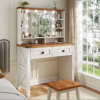 Small Vanity Desk with Mirror and Lights Wooden Makeup Vanity with Storage Drawers & Charging Station Women Bedroom Small Space