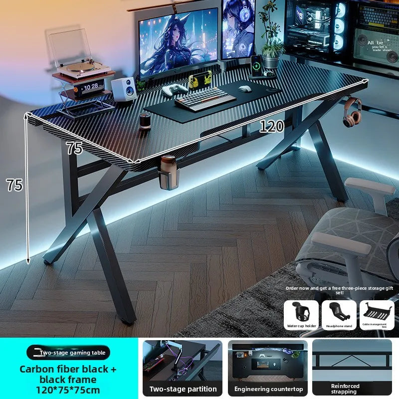 Gaming Desk Two-Stage Split Plate Desktop Home Mountable Monitor Stand Carbon Fiber Textured Solid Wood Computer Desk