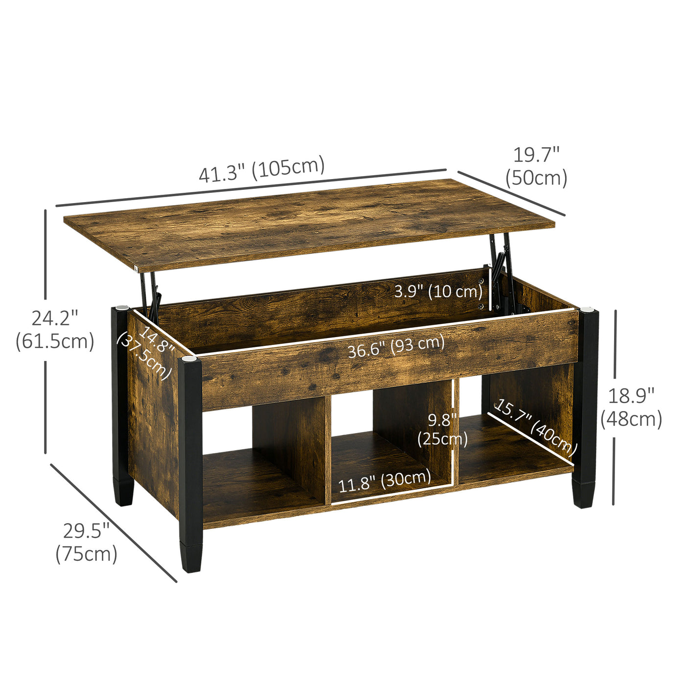 Lift Top Coffee Table, Modern Center Table with Storage Shelves and Hidden Compartment for Living Room, 41" L