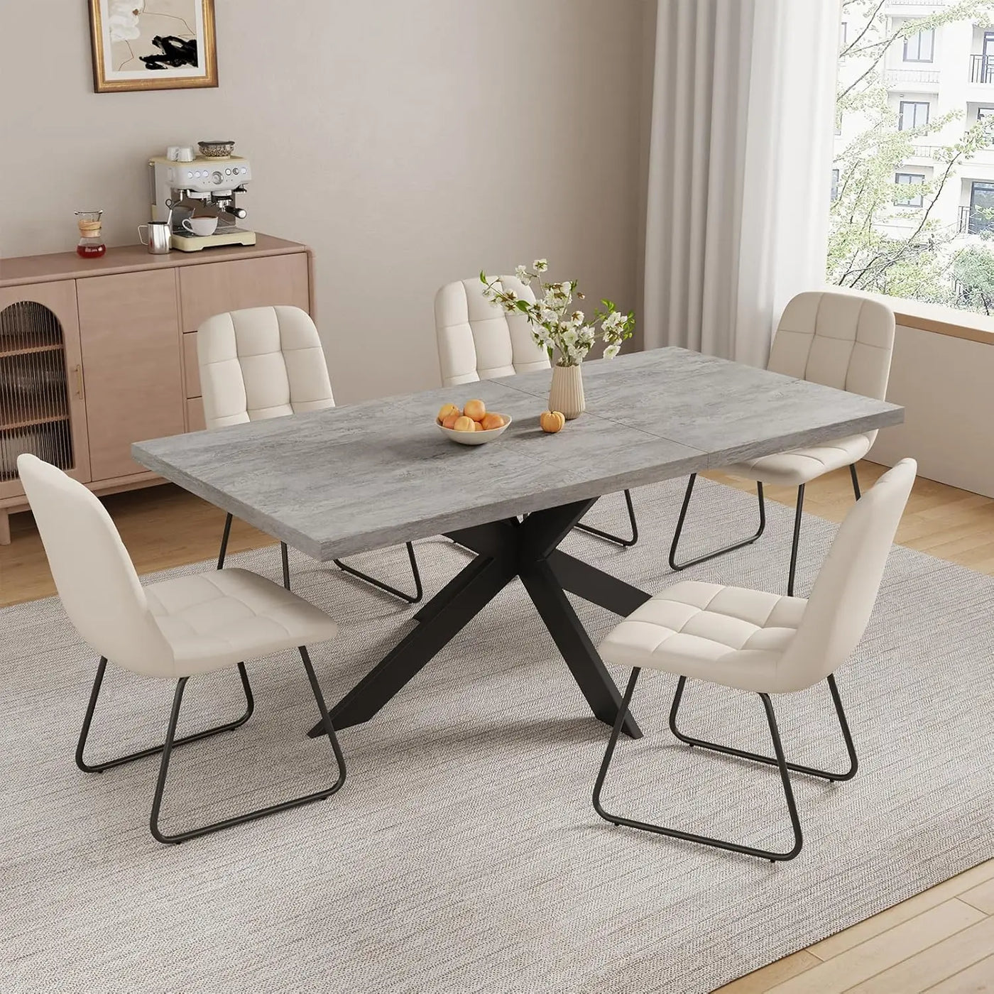 6-Piece Extendable Dining Table Set, Modern 51''–67'' Grey Wood Table with 6 Black Fabric Chairs, Dining Room Table, Customized