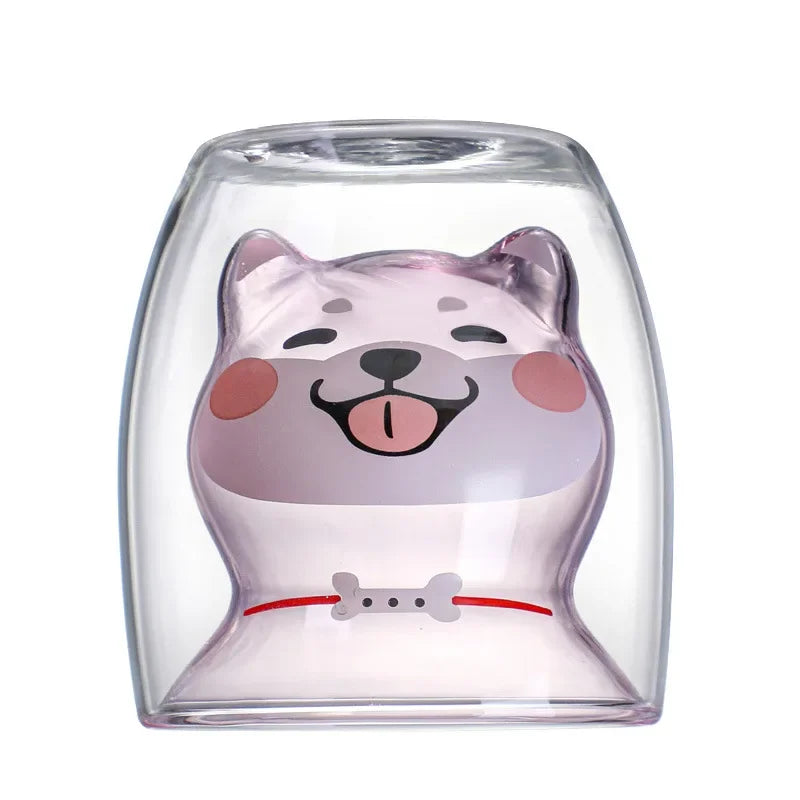 250ML Double Glass Cup Coffee Mug Bear Cat Dog Animal Transparent Cute Milk Juice Tea Drinking Cups Birthday Party Wine Glasses