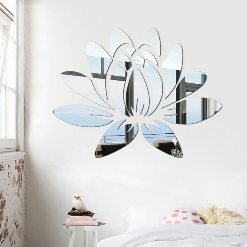 Lotus 3D Mirror Wall Sticker Home Living Room Bedroom Office Hallway Wall Decorations Acrylic Mirror Reflective Wall Sticker