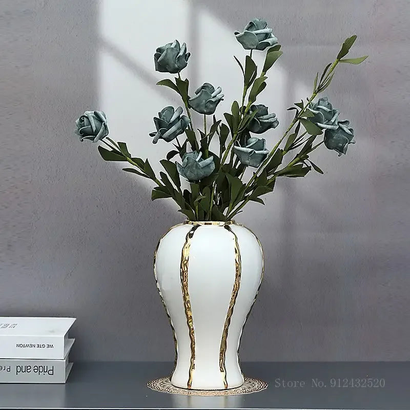 Electroplated Gold Edged White Vase Creative Ceramic Home Desktop Living Room Dining Table Art Decoration Flower Arrangement 1Pc