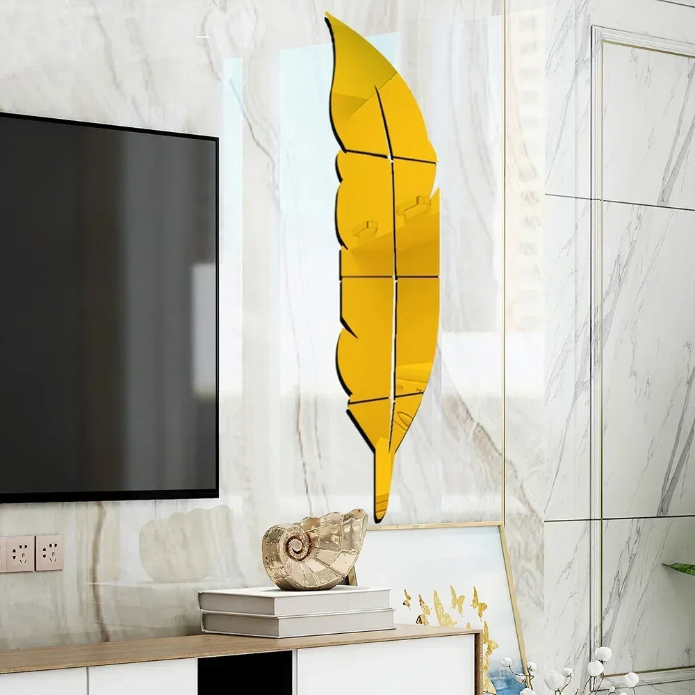 3D Dancing Feathers Mirror Wall Stickers DIY Art Atmosphere Home Shining Wall Stickers House Decoration Living Room Decoration