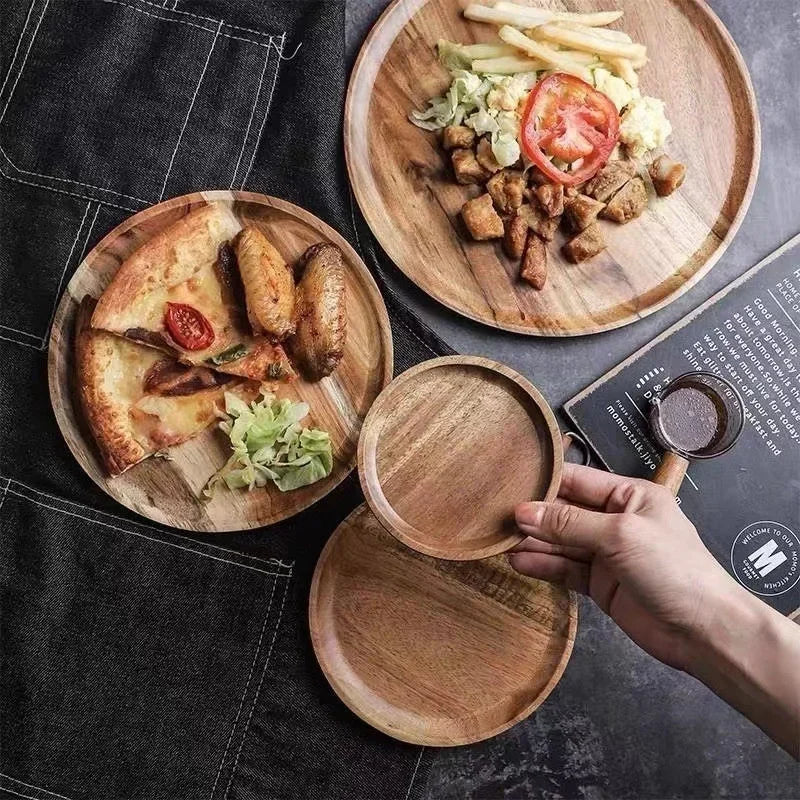 JUSTINLAU 15/20/25cm Wooden Round Serving Platter Tray Retro Pizza Salad Plate Fruit Dessert Tray Bread Container Snacks Dish