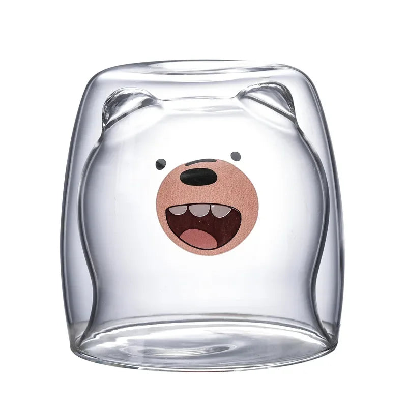 250ML Double Glass Cup Coffee Mug Bear Cat Dog Animal Transparent Cute Milk Juice Tea Drinking Cups Birthday Party Wine Glasses