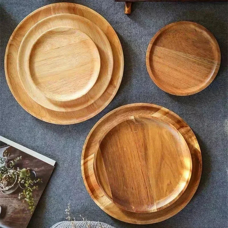 JUSTINLAU 15/20/25cm Wooden Round Serving Platter Tray Retro Pizza Salad Plate Fruit Dessert Tray Bread Container Snacks Dish