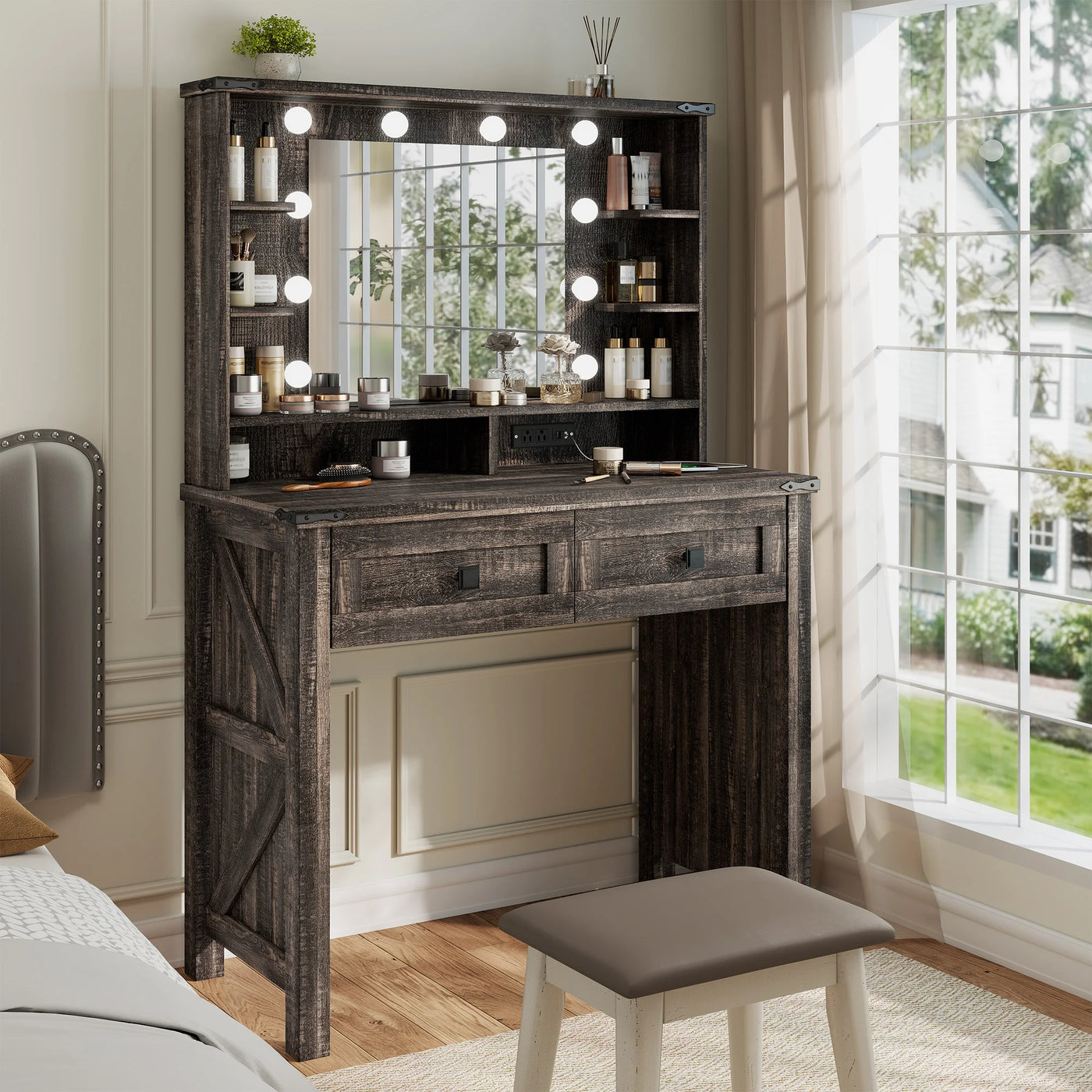 Small Vanity Desk with Mirror and Lights Wooden Makeup Vanity with Storage Drawers & Charging Station Women Bedroom Small Space