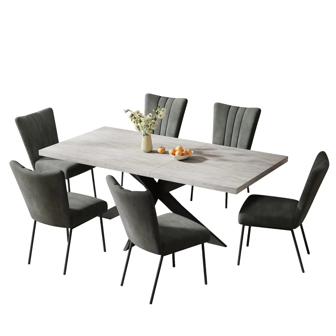 6-Piece Extendable Dining Table Set, Modern 51''–67'' Grey Wood Table with 6 Black Fabric Chairs, Dining Room Table, Customized