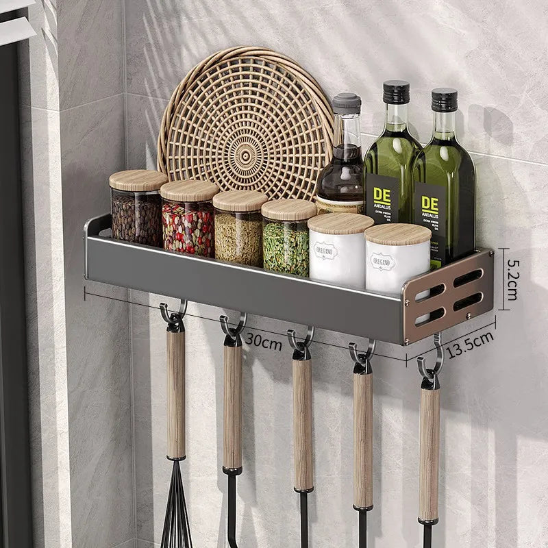 Gunmetal Kitchen Storage Rack - Space Aluminum No-Drill Wall Mounted Multi-Functional Organizer for Spices and Knives