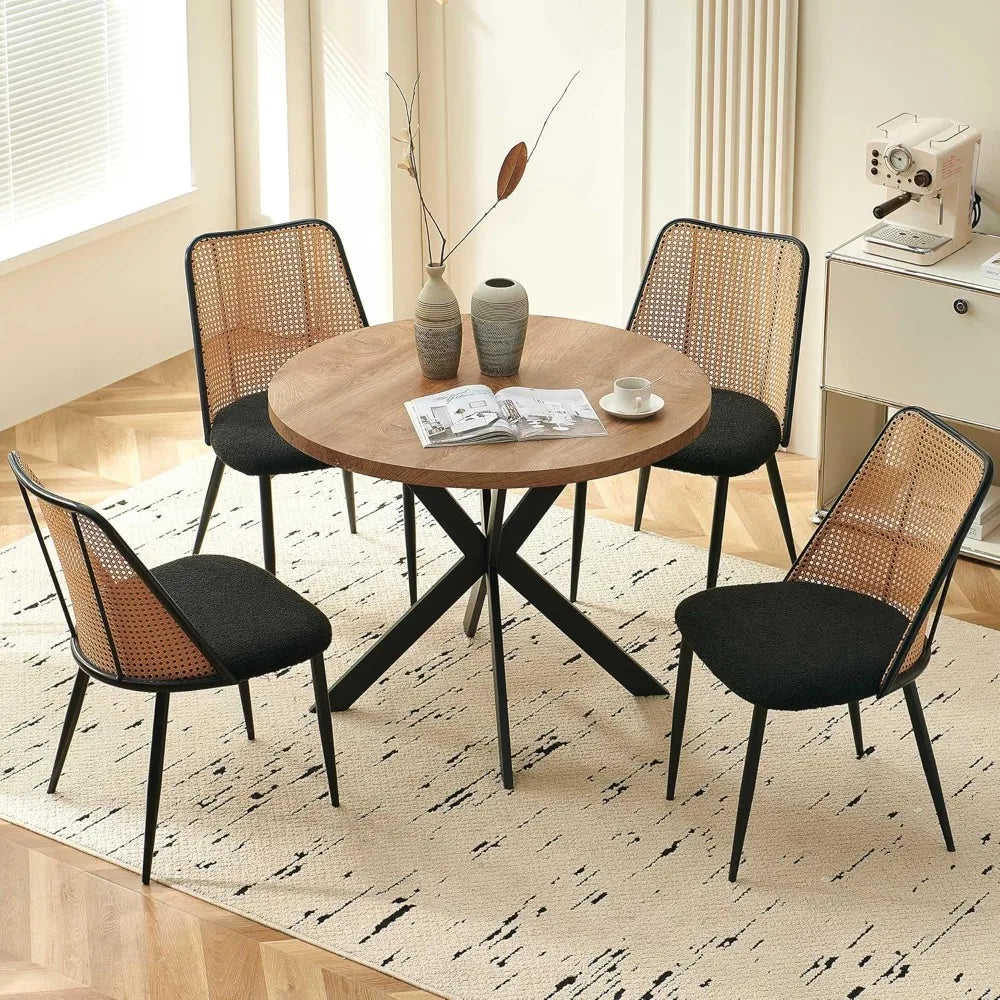 Round Dining Table with Rattan Chairs, Modern Dining Table and Chair Set with Table and 4 Upholstered Dining Chairs