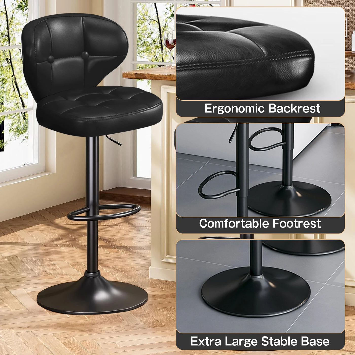 Bar Stools Set of 4, Adjustable Swivel Counter Height Chairs with Backrest and Footrest, Faux Leather Bar Chairs for Kitchen