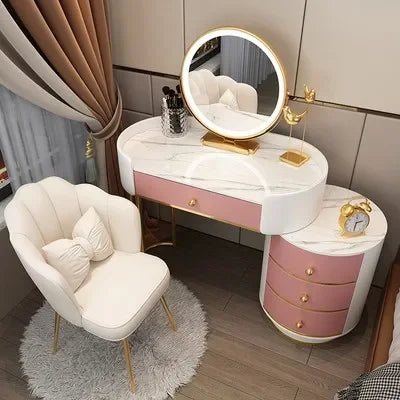 Pink White Vanity Table Women Luxury Nail European Big Stool Study Dressing Table Organizer Mesa De Maquillaje Home Furniture