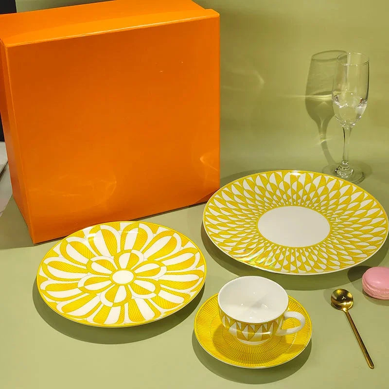 European style tableware, bone china, geometric creativity, home style steak plate dining plate, sunshine cup and plate set gift