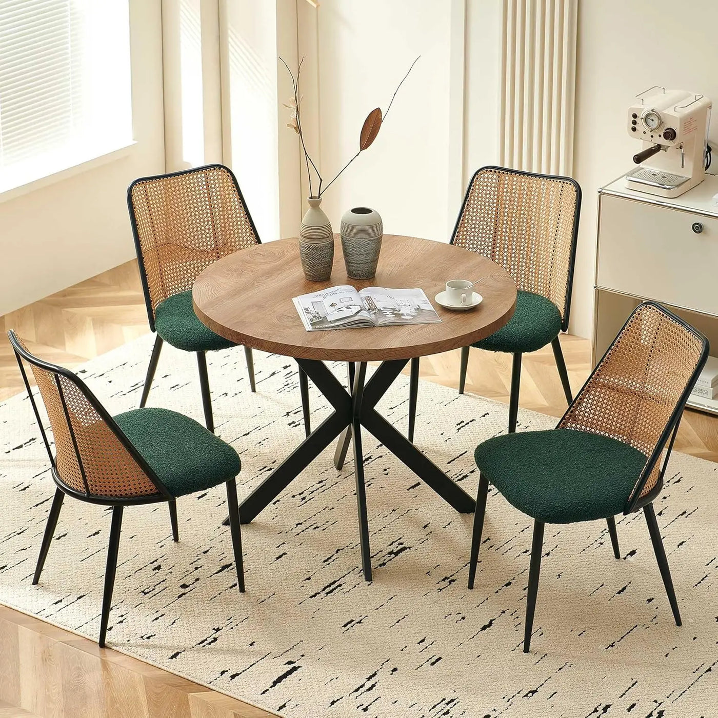 Round Dining Table with Rattan Chairs, Modern Dining Table and Chair Set with Table and 4 Upholstered Dining Chairs