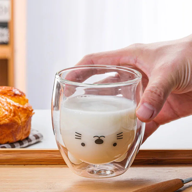 250ML Double Glass Cup Coffee Mug Bear Cat Dog Animal Transparent Cute Milk Juice Tea Drinking Cups Birthday Party Wine Glasses